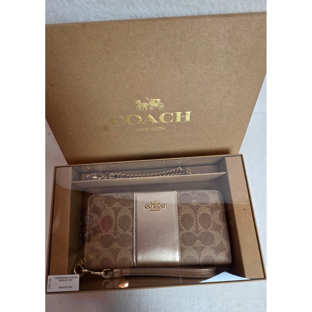 Coach Signature Canvas Accordion Zip Wallet Khaki Gold Metallic CX178 NIB